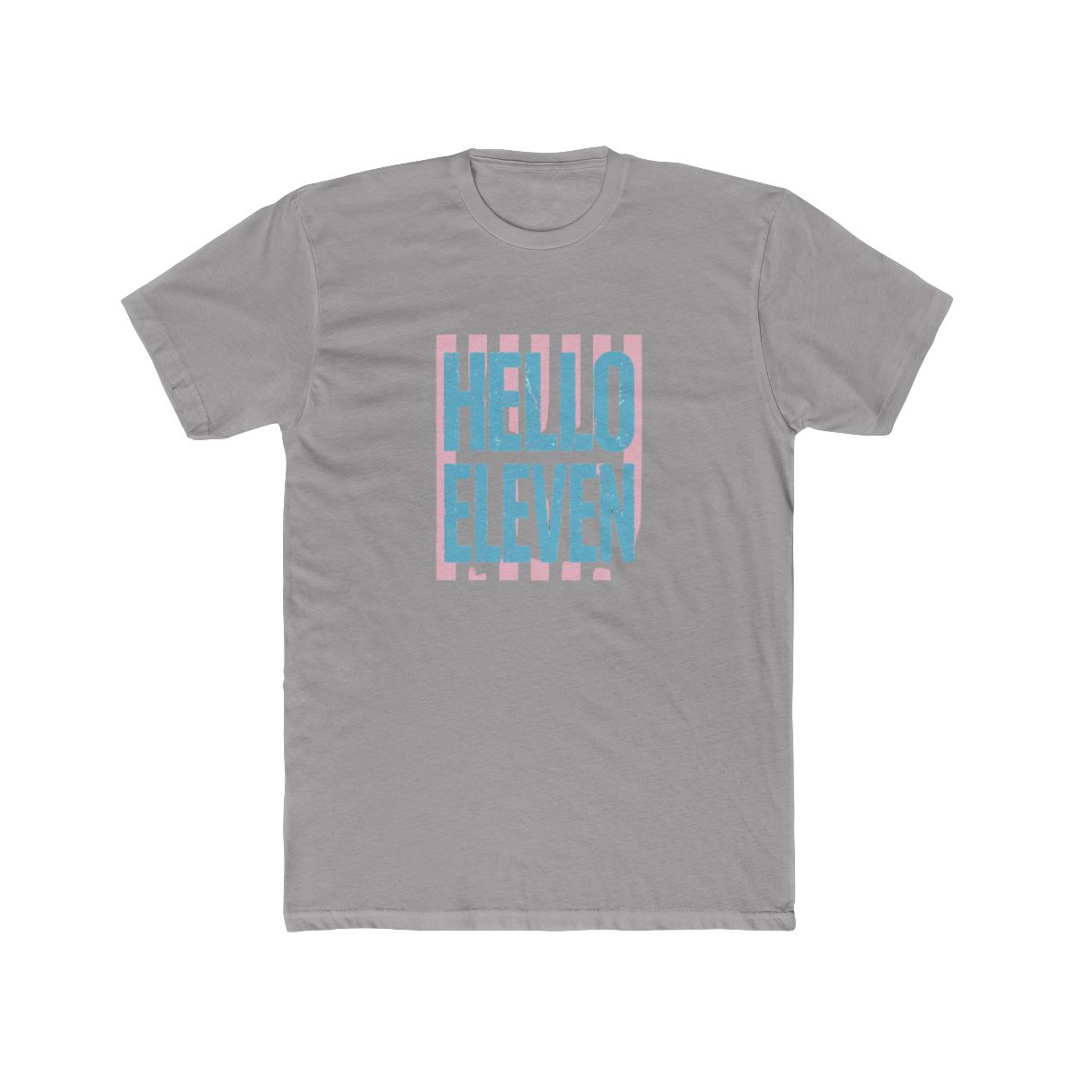 Pale yellow Comfort Colors T Shirt featuring the text "HELLO ELEVEN" in blue, with pink vertical stripes. The design has a distressed, vintage aesthetic. A Comfort Colors label is on the collar
